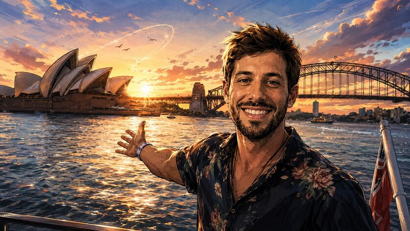 João Vasconcelos em Sydney, com a Opera House e a Harbour Bridge ao fundo
