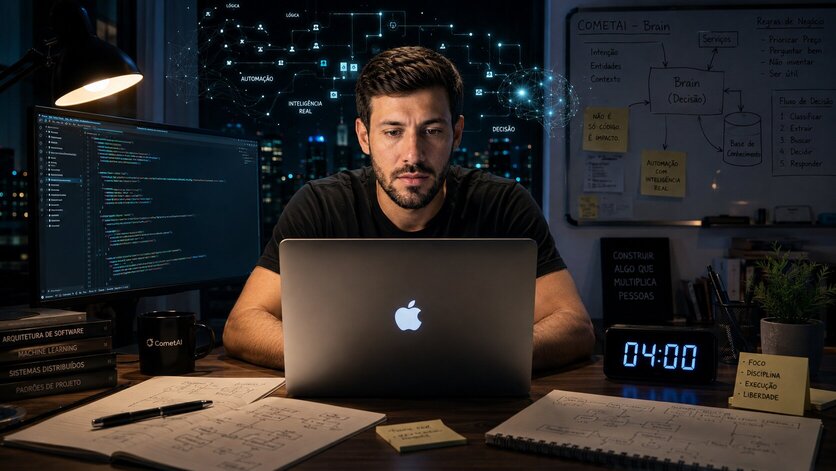João programando durante a madrugada enquanto constrói a inteligência do CometAI